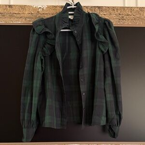 Tuckernuck Green and Black Plaid Ruffle Button-Down Shirt